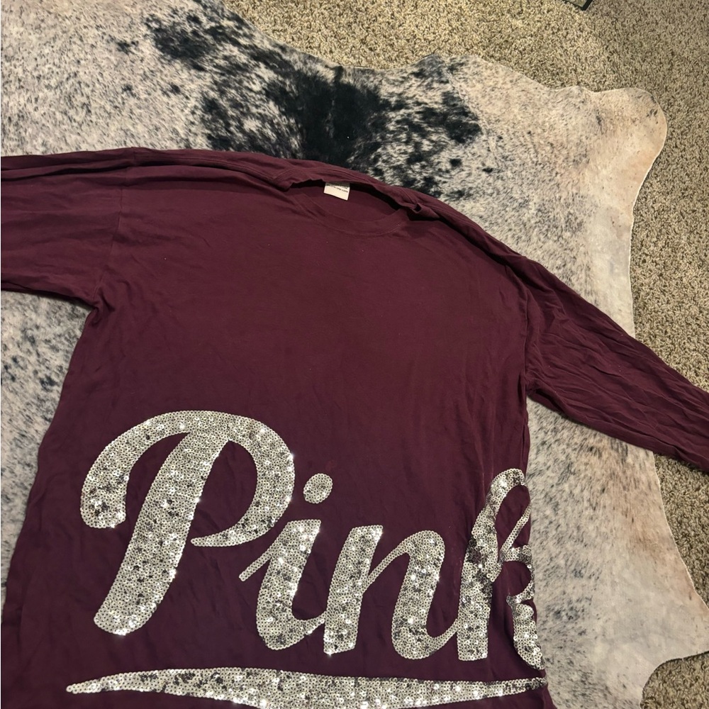 Victoria secret pink Burgundy Long Sleeve with Silver Sequin Lettering